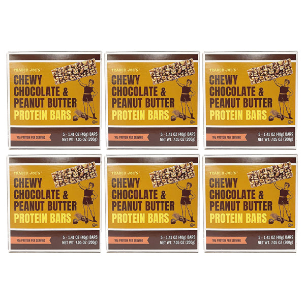 Six boxes of Trader Joes Chewy Chocolate & Peanut Butter Protein Bars, with 5 bars per box, neatly arranged in two rows of three.